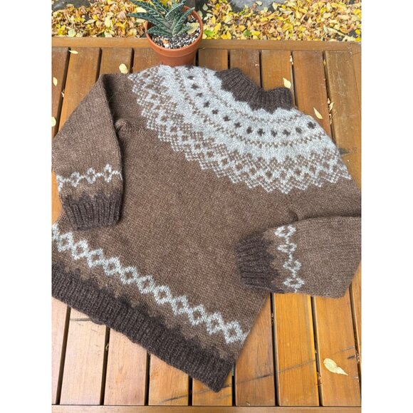 70s Icelandic Wool Lopapeysa Hand Made Lopi Cardigan Nordic Fair Isle Brown Ivor - Picture 9 of 9